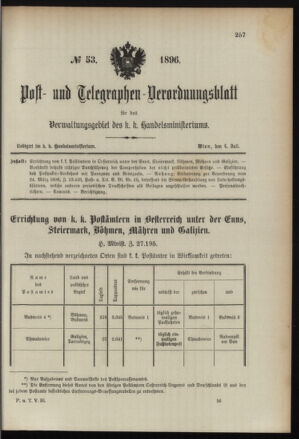 Post- und Telegraphen-Verordnungsblatt für das Verwaltungsgebiet des K.-K. Handelsministeriums 18960704 Seite: 1