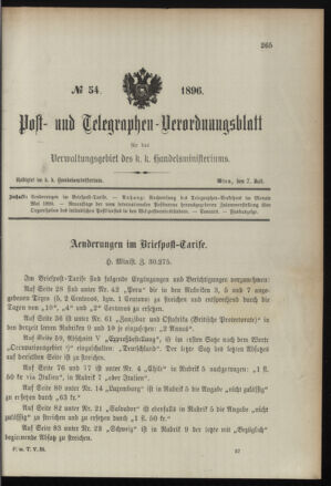 Post- und Telegraphen-Verordnungsblatt für das Verwaltungsgebiet des K.-K. Handelsministeriums 18960707 Seite: 1