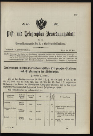 Post- und Telegraphen-Verordnungsblatt für das Verwaltungsgebiet des K.-K. Handelsministeriums 18960714 Seite: 1