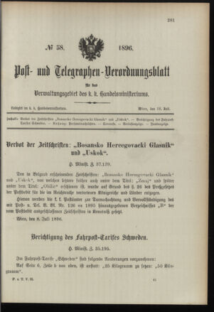 Post- und Telegraphen-Verordnungsblatt für das Verwaltungsgebiet des K.-K. Handelsministeriums 18960718 Seite: 1