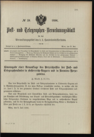 Post- und Telegraphen-Verordnungsblatt für das Verwaltungsgebiet des K.-K. Handelsministeriums 18960722 Seite: 1