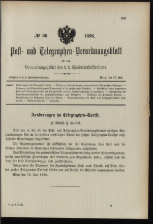 Post- und Telegraphen-Verordnungsblatt für das Verwaltungsgebiet des K.-K. Handelsministeriums 18960727 Seite: 1