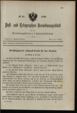 Post- und Telegraphen-Verordnungsblatt für das Verwaltungsgebiet des K.-K. Handelsministeriums 18960801 Seite: 1