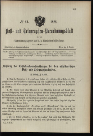 Post- und Telegraphen-Verordnungsblatt für das Verwaltungsgebiet des K.-K. Handelsministeriums 18960804 Seite: 1