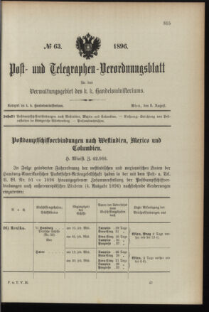 Post- und Telegraphen-Verordnungsblatt für das Verwaltungsgebiet des K.-K. Handelsministeriums 18960805 Seite: 1