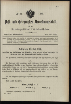 Post- und Telegraphen-Verordnungsblatt für das Verwaltungsgebiet des K.-K. Handelsministeriums 18960808 Seite: 1