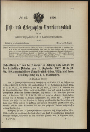 Post- und Telegraphen-Verordnungsblatt für das Verwaltungsgebiet des K.-K. Handelsministeriums 18960813 Seite: 1