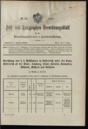 Post- und Telegraphen-Verordnungsblatt für das Verwaltungsgebiet des K.-K. Handelsministeriums 18960817 Seite: 1