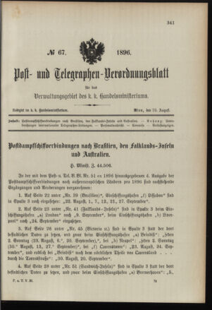 Post- und Telegraphen-Verordnungsblatt für das Verwaltungsgebiet des K.-K. Handelsministeriums 18960819 Seite: 1