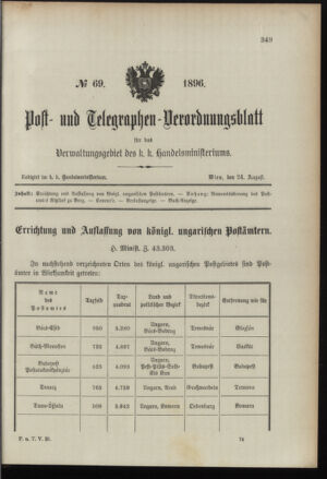 Post- und Telegraphen-Verordnungsblatt für das Verwaltungsgebiet des K.-K. Handelsministeriums 18960824 Seite: 1