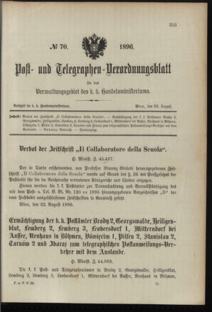 Post- und Telegraphen-Verordnungsblatt für das Verwaltungsgebiet des K.-K. Handelsministeriums 18960825 Seite: 1