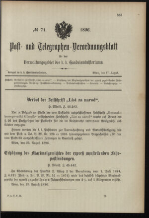 Post- und Telegraphen-Verordnungsblatt für das Verwaltungsgebiet des K.-K. Handelsministeriums 18960827 Seite: 1