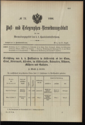 Post- und Telegraphen-Verordnungsblatt für das Verwaltungsgebiet des K.-K. Handelsministeriums 18960831 Seite: 1