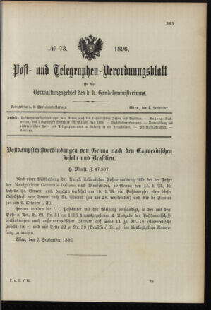 Post- und Telegraphen-Verordnungsblatt für das Verwaltungsgebiet des K.-K. Handelsministeriums 18960904 Seite: 1