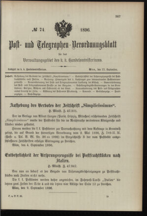 Post- und Telegraphen-Verordnungsblatt für das Verwaltungsgebiet des K.-K. Handelsministeriums 18960912 Seite: 1