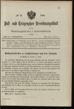 Post- und Telegraphen-Verordnungsblatt für das Verwaltungsgebiet des K.-K. Handelsministeriums 18960921 Seite: 1