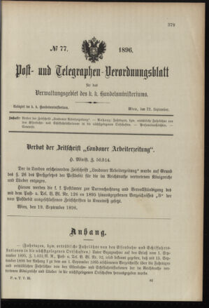 Post- und Telegraphen-Verordnungsblatt für das Verwaltungsgebiet des K.-K. Handelsministeriums 18960922 Seite: 1