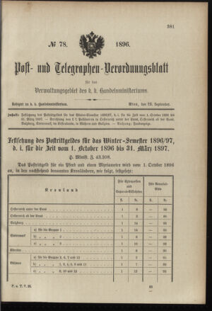 Post- und Telegraphen-Verordnungsblatt für das Verwaltungsgebiet des K.-K. Handelsministeriums 18960925 Seite: 1