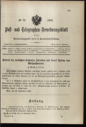 Post- und Telegraphen-Verordnungsblatt für das Verwaltungsgebiet des K.-K. Handelsministeriums 18960926 Seite: 1