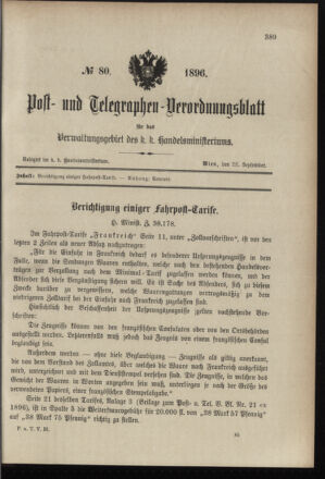 Post- und Telegraphen-Verordnungsblatt für das Verwaltungsgebiet des K.-K. Handelsministeriums 18960928 Seite: 1