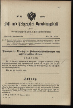 Post- und Telegraphen-Verordnungsblatt für das Verwaltungsgebiet des K.-K. Handelsministeriums 18961001 Seite: 1