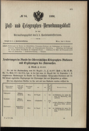 Post- und Telegraphen-Verordnungsblatt für das Verwaltungsgebiet des K.-K. Handelsministeriums 18961008 Seite: 1