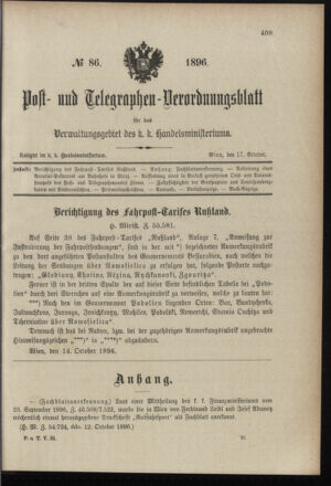 Post- und Telegraphen-Verordnungsblatt für das Verwaltungsgebiet des K.-K. Handelsministeriums 18961017 Seite: 1