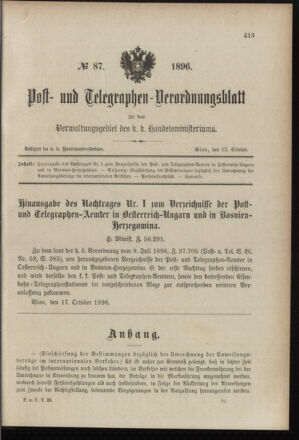 Post- und Telegraphen-Verordnungsblatt für das Verwaltungsgebiet des K.-K. Handelsministeriums 18961022 Seite: 1