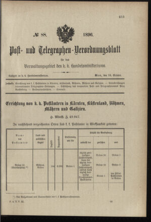 Post- und Telegraphen-Verordnungsblatt für das Verwaltungsgebiet des K.-K. Handelsministeriums 18961024 Seite: 1