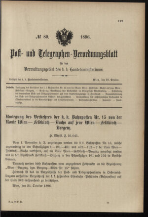 Post- und Telegraphen-Verordnungsblatt für das Verwaltungsgebiet des K.-K. Handelsministeriums 18961028 Seite: 1