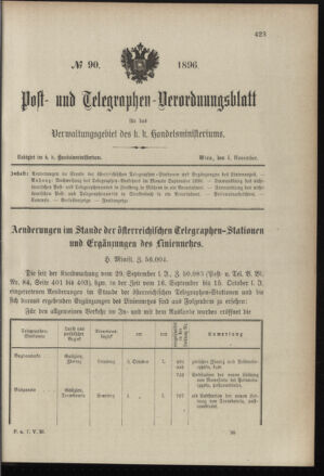 Post- und Telegraphen-Verordnungsblatt für das Verwaltungsgebiet des K.-K. Handelsministeriums 18961104 Seite: 1