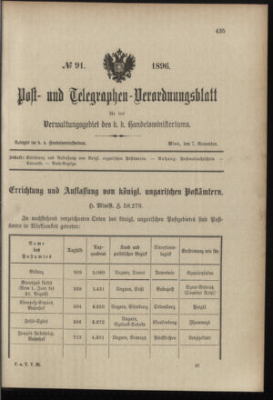 Post- und Telegraphen-Verordnungsblatt für das Verwaltungsgebiet des K.-K. Handelsministeriums 18961107 Seite: 1