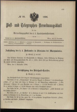 Post- und Telegraphen-Verordnungsblatt für das Verwaltungsgebiet des K.-K. Handelsministeriums 18961110 Seite: 1