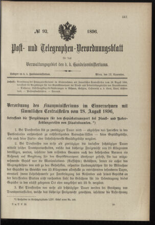 Post- und Telegraphen-Verordnungsblatt für das Verwaltungsgebiet des K.-K. Handelsministeriums 18961112 Seite: 1