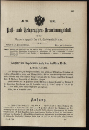 Post- und Telegraphen-Verordnungsblatt für das Verwaltungsgebiet des K.-K. Handelsministeriums 18961114 Seite: 1