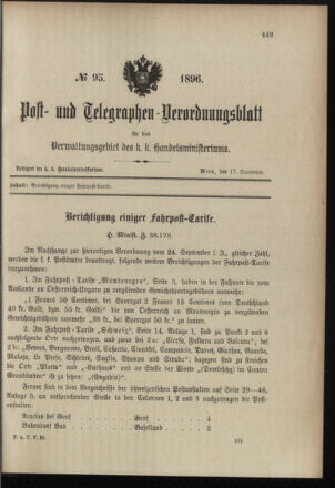 Post- und Telegraphen-Verordnungsblatt für das Verwaltungsgebiet des K.-K. Handelsministeriums 18961117 Seite: 1