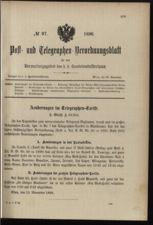 Post- und Telegraphen-Verordnungsblatt für das Verwaltungsgebiet des K.-K. Handelsministeriums 18961122 Seite: 1