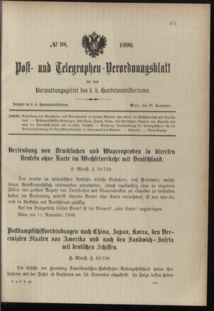 Post- und Telegraphen-Verordnungsblatt für das Verwaltungsgebiet des K.-K. Handelsministeriums 18961124 Seite: 1