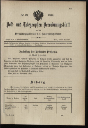 Post- und Telegraphen-Verordnungsblatt für das Verwaltungsgebiet des K.-K. Handelsministeriums 18961126 Seite: 1