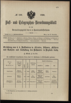 Post- und Telegraphen-Verordnungsblatt für das Verwaltungsgebiet des K.-K. Handelsministeriums 18961128 Seite: 1