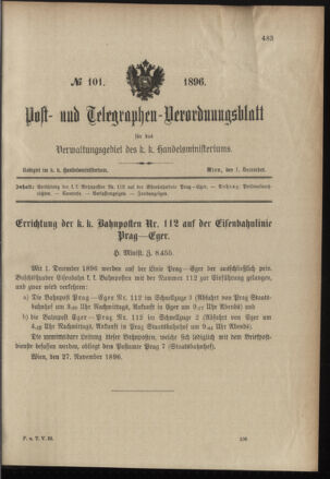 Post- und Telegraphen-Verordnungsblatt für das Verwaltungsgebiet des K.-K. Handelsministeriums 18961201 Seite: 1