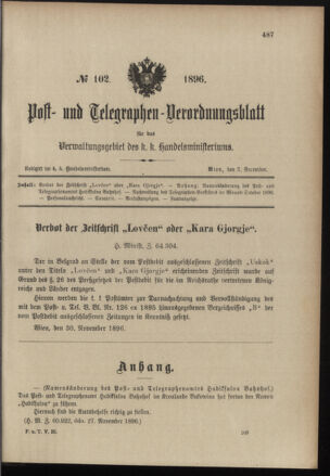 Post- und Telegraphen-Verordnungsblatt für das Verwaltungsgebiet des K.-K. Handelsministeriums 18961202 Seite: 1