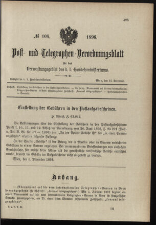 Post- und Telegraphen-Verordnungsblatt für das Verwaltungsgebiet des K.-K. Handelsministeriums 18961214 Seite: 1