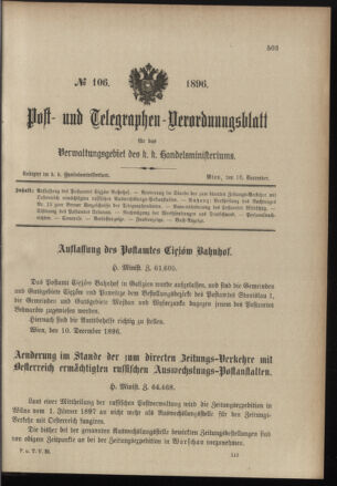 Post- und Telegraphen-Verordnungsblatt für das Verwaltungsgebiet des K.-K. Handelsministeriums 18961216 Seite: 1