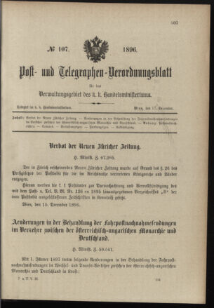 Post- und Telegraphen-Verordnungsblatt für das Verwaltungsgebiet des K.-K. Handelsministeriums 18961217 Seite: 1