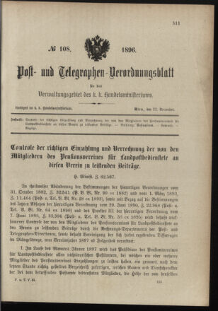 Post- und Telegraphen-Verordnungsblatt für das Verwaltungsgebiet des K.-K. Handelsministeriums 18961222 Seite: 1