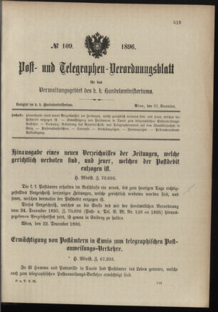 Post- und Telegraphen-Verordnungsblatt für das Verwaltungsgebiet des K.-K. Handelsministeriums 18961230 Seite: 1