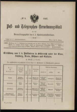 Post- und Telegraphen-Verordnungsblatt für das Verwaltungsgebiet des K.-K. Handelsministeriums 18970114 Seite: 1