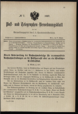 Post- und Telegraphen-Verordnungsblatt für das Verwaltungsgebiet des K.-K. Handelsministeriums 18970123 Seite: 1