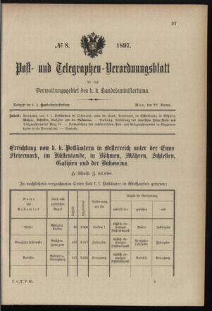 Post- und Telegraphen-Verordnungsblatt für das Verwaltungsgebiet des K.-K. Handelsministeriums 18970126 Seite: 1